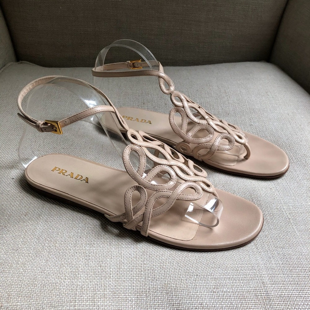 Prada Sandals Strappy Ankle Strap Nude Flat Buckle